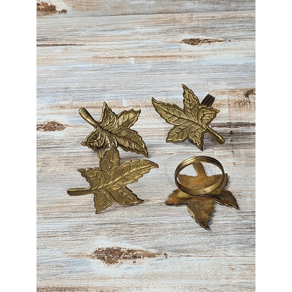 Vintage Set Of 4 Brass Maple Leaf Napkin Holders Rings Autumn Fall Holiday Table